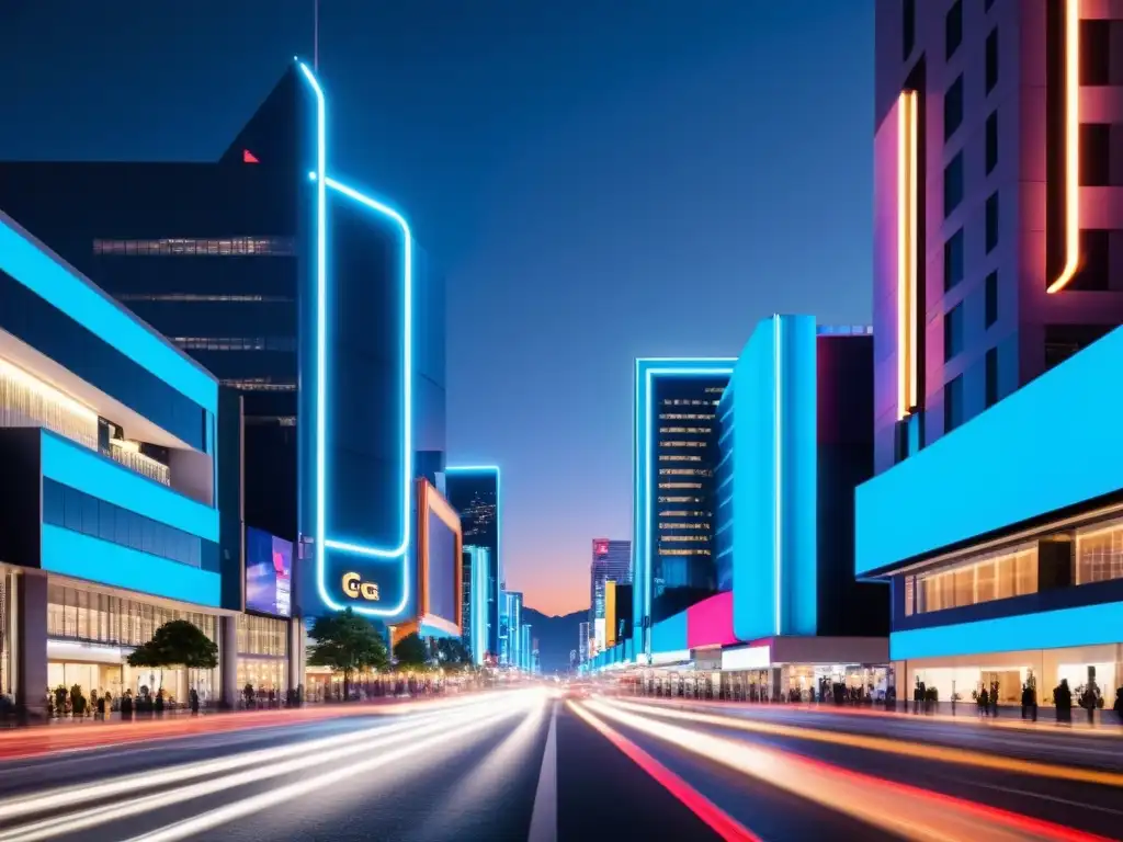 Vibrante calle nocturna de la ciudad, iluminada por letreros de neón y luces de autos