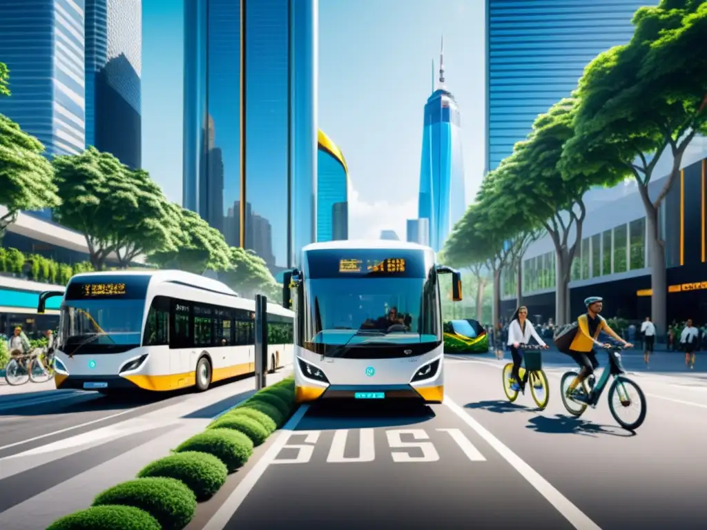 Vibrante calle urbana llena de autobuses eléctricos y bicicletas, rodeada de rascacielos futuristas y vegetación