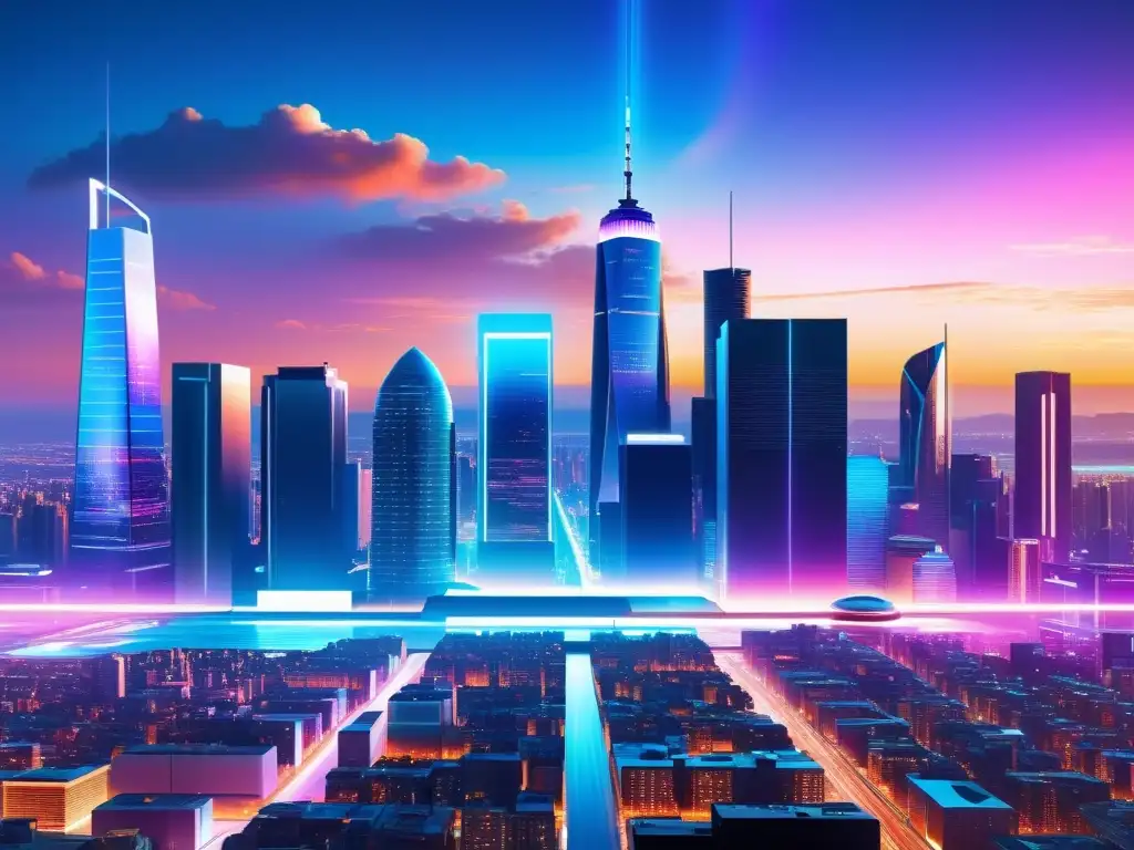 Vibrante ciudad futurista con arquitectura minimalista iluminada por la red 5G, capturando la esencia de la producción de contenidos digitales con 5G