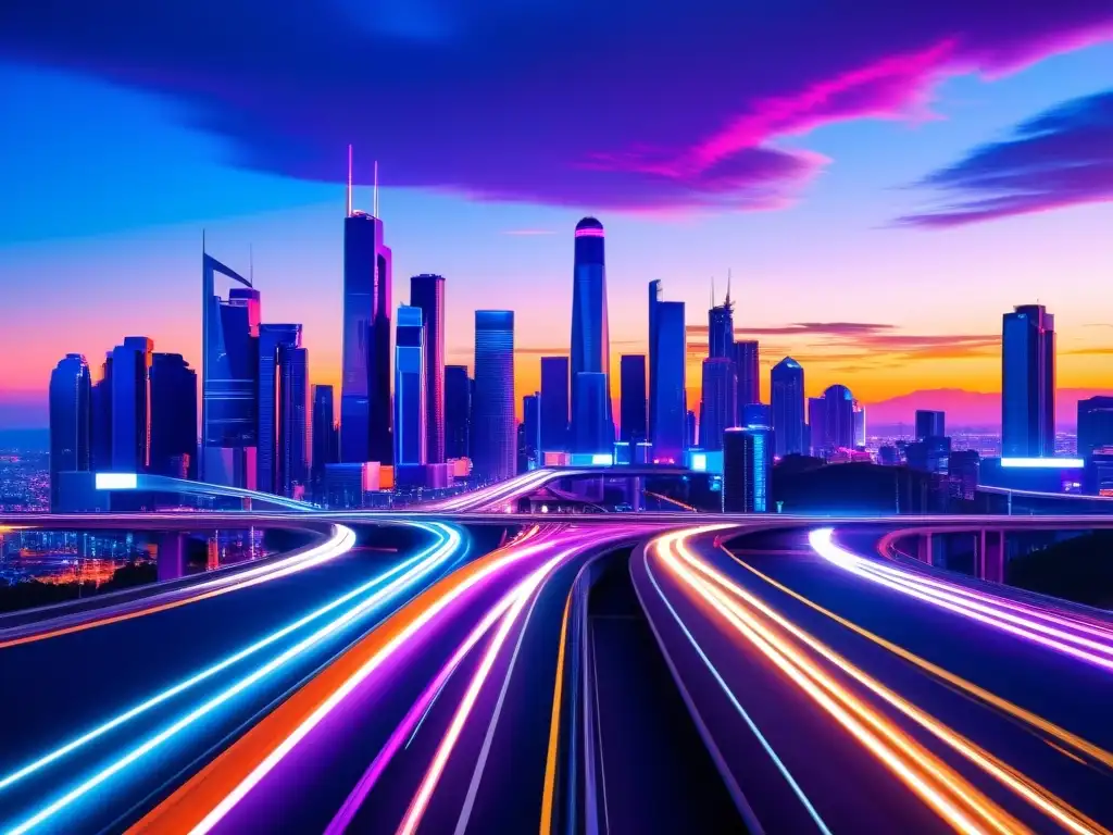 Vibrante ciudad futurista al atardecer, con rascacielos luminosos y luces de neón