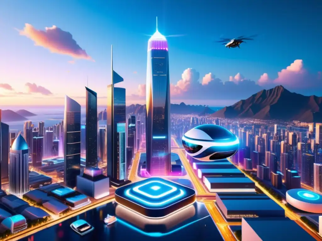 Vibrante ciudad futurista con diseño de mundos virtuales con IA en 8k