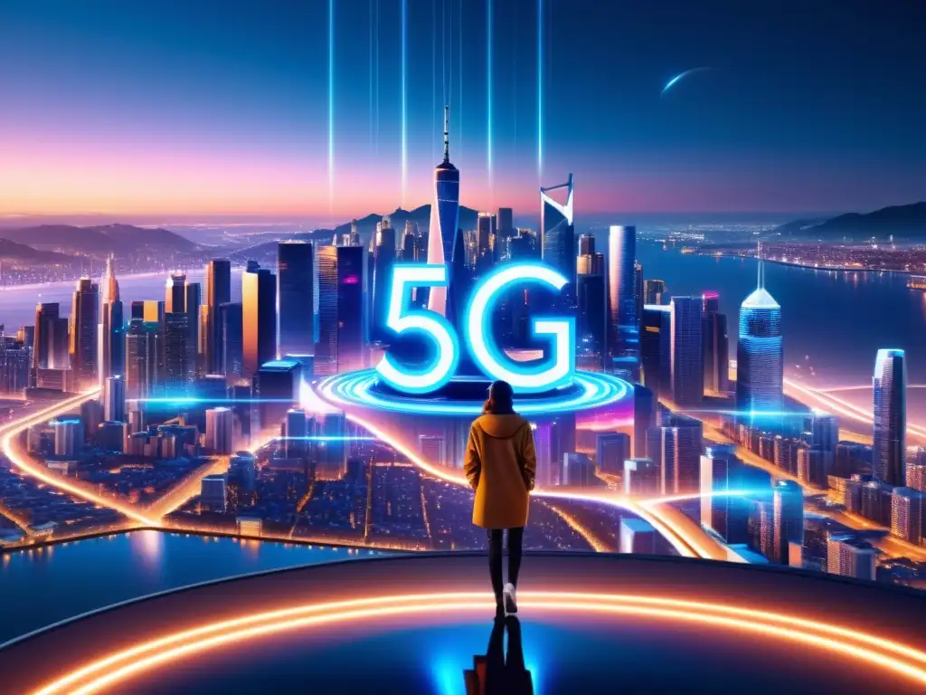 Vibrante ciudad futurista de noche, con señales 5G como líneas pulsantes conectando rascacielos