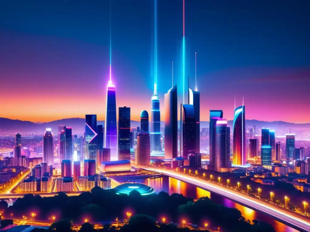 Skyline futurista nocturna con torres 5G integradas Vibrante ciudad futurista de noche con torres 5G integradas, simbolizando el impacto 5G en redes sociales