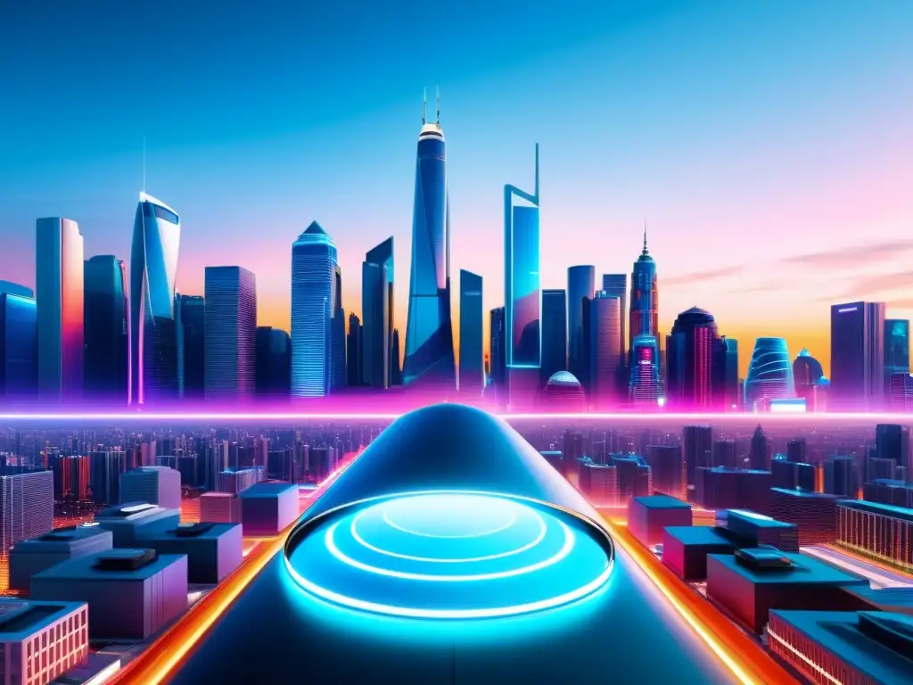 Vibrante ciudad futurista con rascacielos holográficos, luces neón y experiencias de realidad virtual y streaming 5G integradas en el paisaje urbano