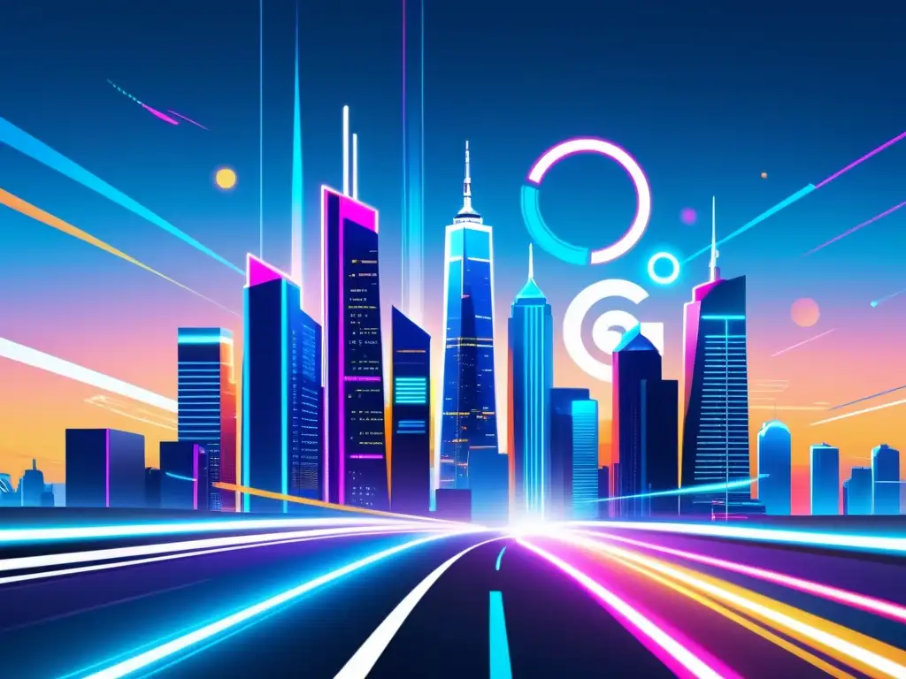 Vibrante ilustración de ciudad futurista con rascacielos interconectados, símbolos 5G y aerodinámicos vehículos