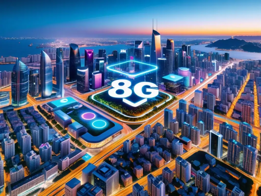 Vibrante ciudad inteligente de noche con torres 5G, mostrando la integración de Entretenimiento 5G en Smart Cities