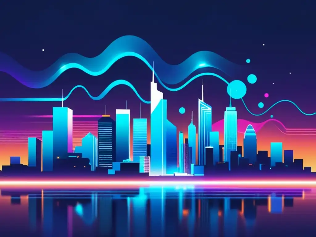 Vibrante ilustración de la ciudad de noche con señales 5G, reflejando el impacto de las redes 5G en estrategias de marketing