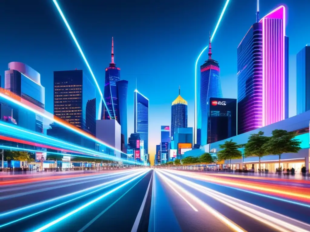 Vibrante ciudad nocturna con luces de neón y señales 5G, reflejando el alcance y penetración de señal 5G en el paisaje urbano futurista