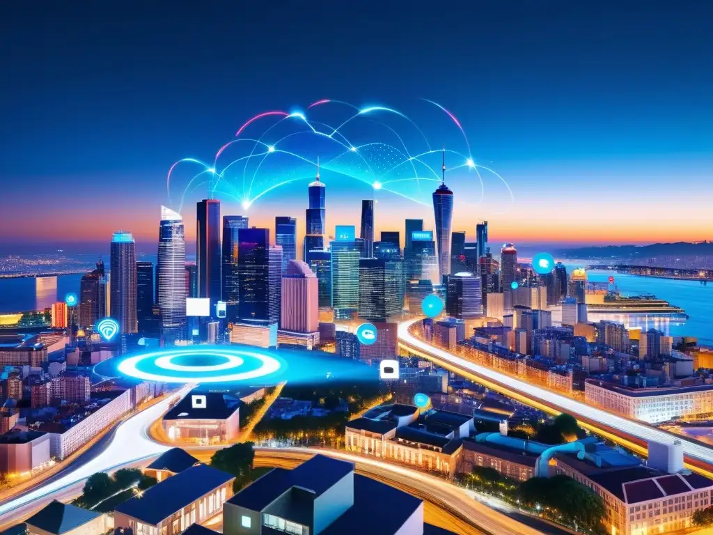 Skyline urbano: Redes 5G iluminan la noche Vibrante ciudad nocturna con señales 5G conectando redes sociales, impacto 5G en redes sociales