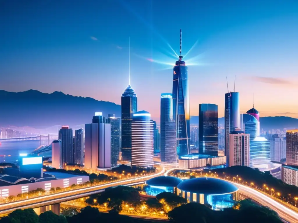 Skyline nocturno con torres 5G integradas entre edificios Vibrante ciudad nocturna con torres 5G integradas entre edificios, simbolizando el impacto 5G en redes sociales