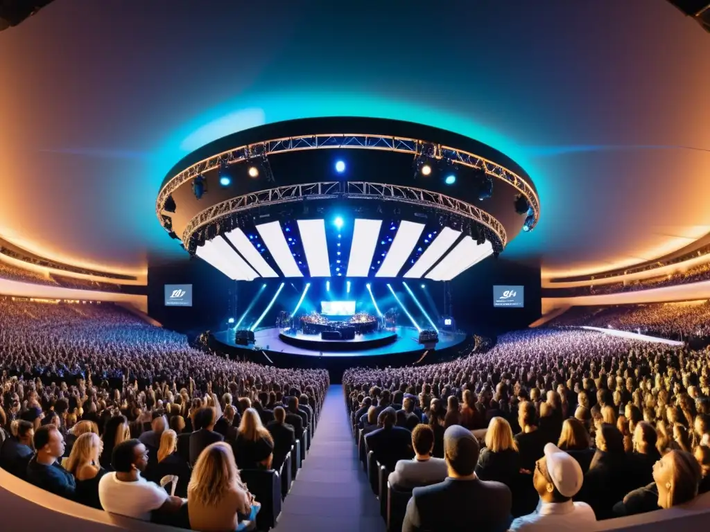 Vibrante concierto en 360 grados con 5G, escenario iluminado y multitud energética