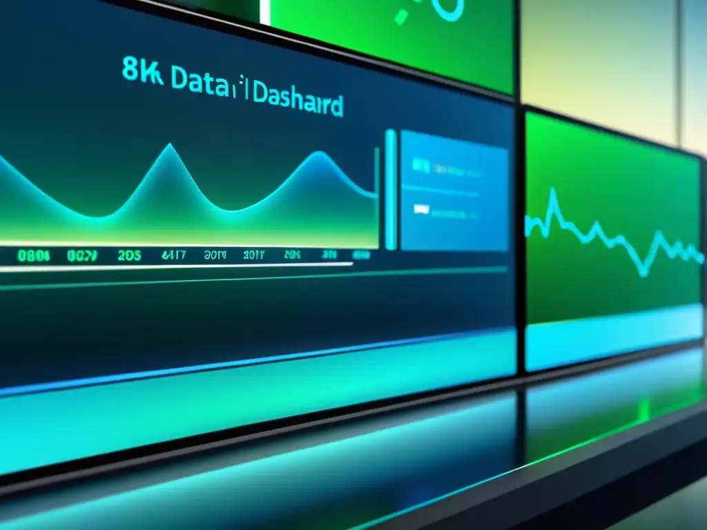 Vibrante visualización de datos en Big Data con gráficos interconectados en tonos azules y verdes, en una interfaz transparente y moderna