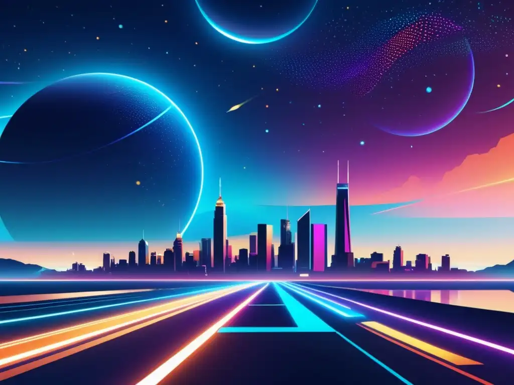 Vibrante ilustración digital de una futurista ciudad nocturna con rascacielos iluminados y anuncios holográficos, reflejando el análisis predictivo en marketing digital