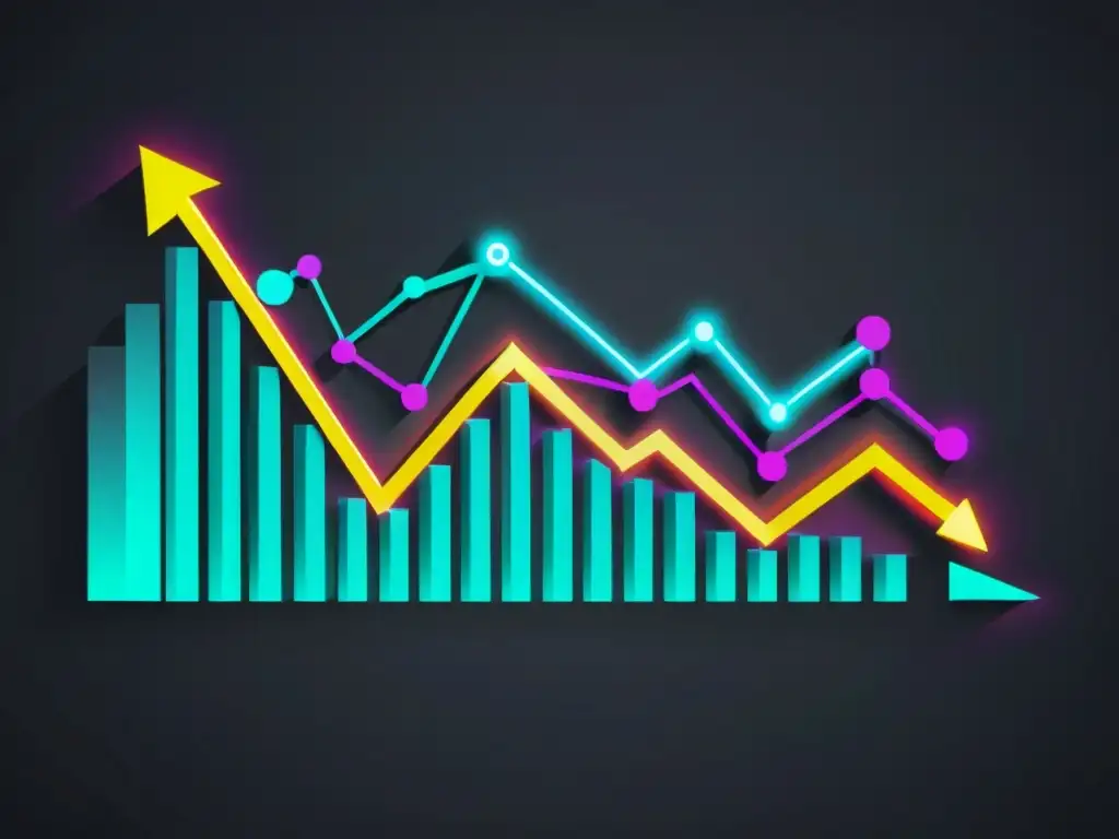 Vibrante gráfico del mercado de criptoactivos, con símbolos blockchain y colores neón, evocando estrategias de inversión en criptoactivos