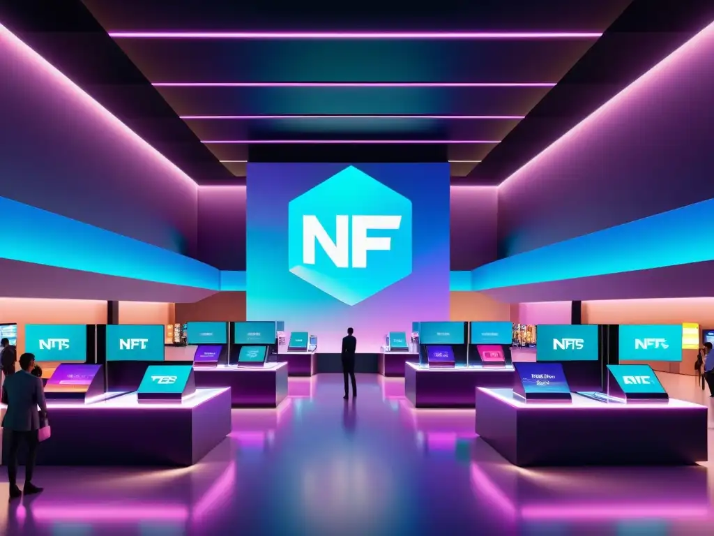 Vibrante mercado digital de NFTs con avatares y hologramas, capturando la esencia del marketing en plataformas NFT para marcas