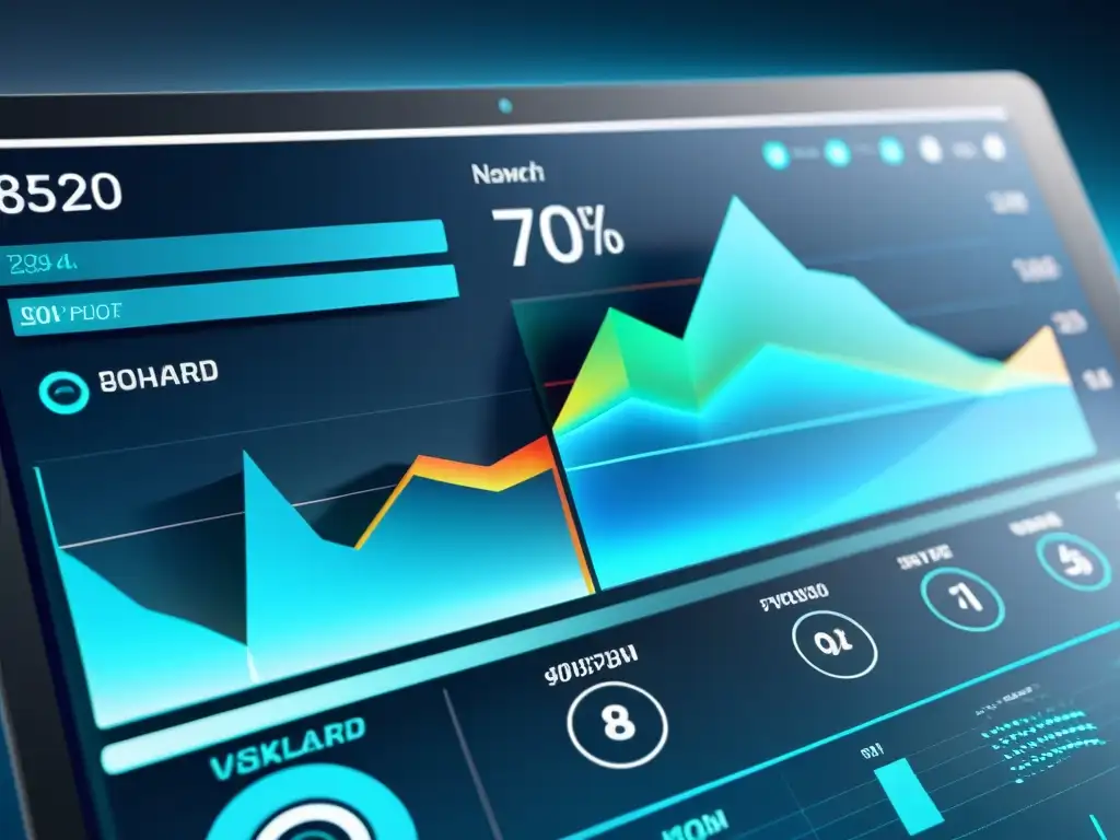 Vibrante panel de visualización de datos futurista con gráficos dinámicos, analítica predictiva en marketing tecnologías emergentes