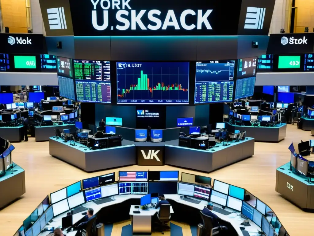 Vibrante piso de operaciones de Wall Street con impacto de la inteligencia artificial en una composición minimalista y moderna en 8k