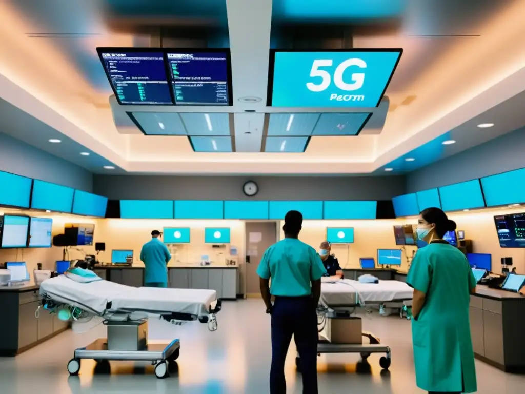 Vibrante sala de emergencias con médicos atendiendo pacientes, destacando el impacto del 5G en emergencias médicas