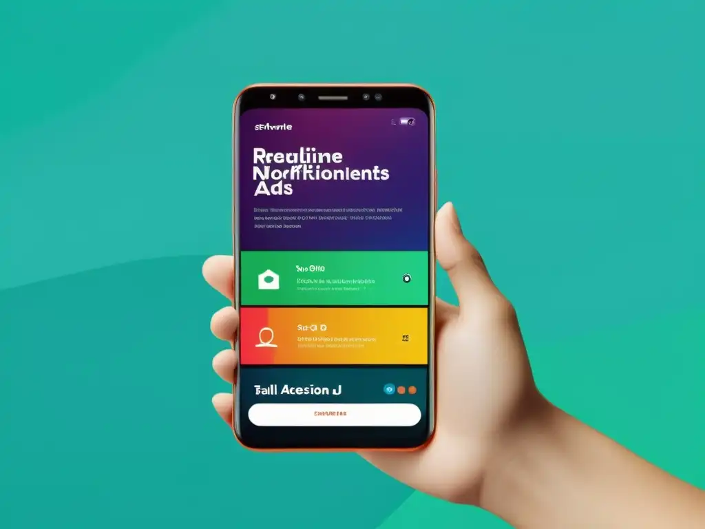 Vibrante smartphone muestra marketing en tiempo real para móviles con colores llamativos y contenido atractivo en una interfaz moderna
