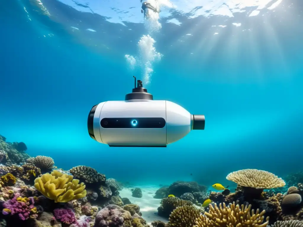 Robot submarino autónomo en armonía con el océano Robot marino autónomo en armonía con la vida marina y los arrecifes de coral, destacando la tecnología robótica marina para protección de océanos