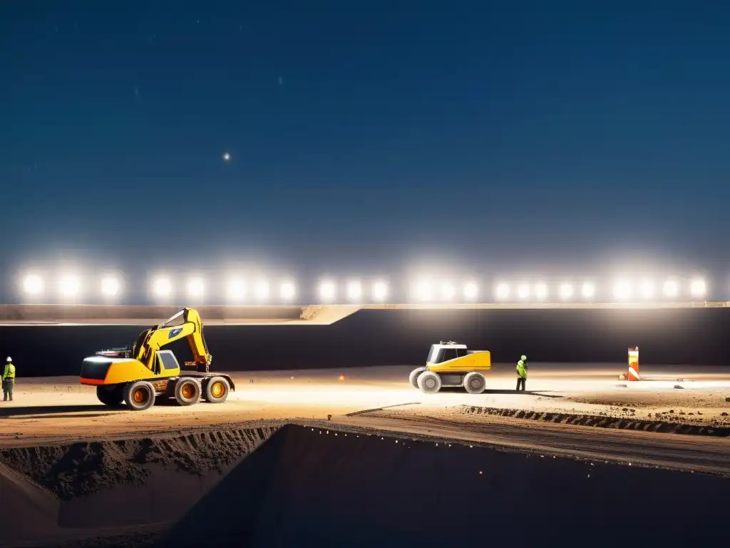 Vigilancia robótica en obras de construcción: Drones futuristas iluminados en un sitio de construcción nocturno