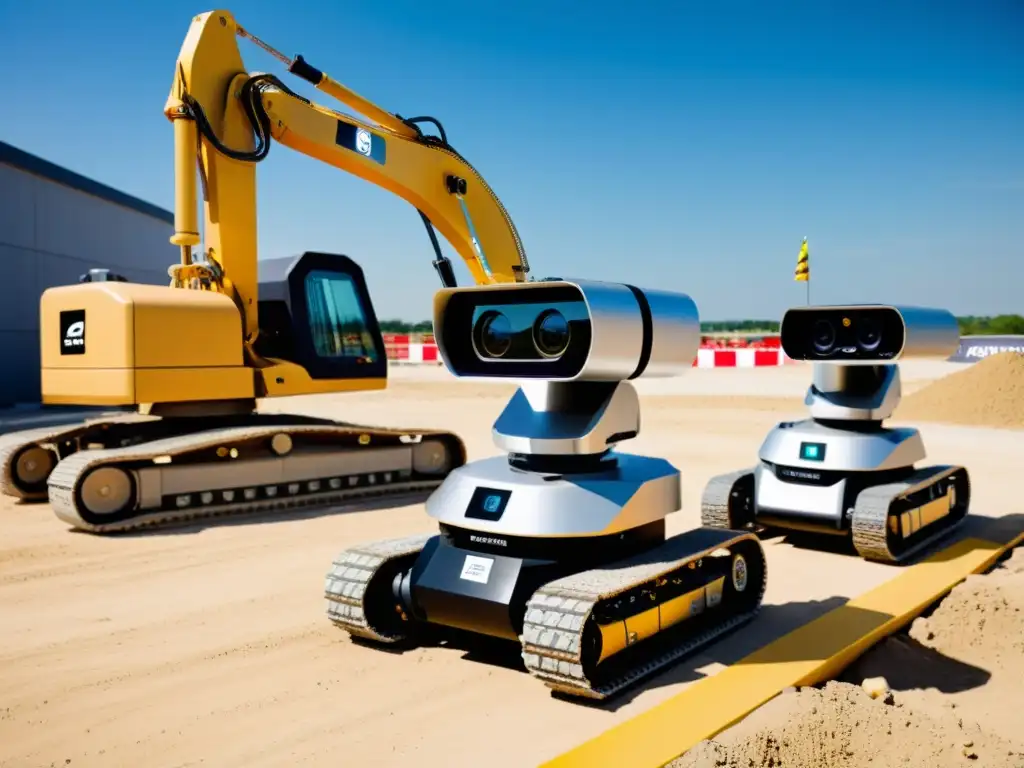 Vigilancia robótica en obras de construcción: robots modernos supervisando el sitio con precisión y eficiencia, en contraste con el entorno industrial