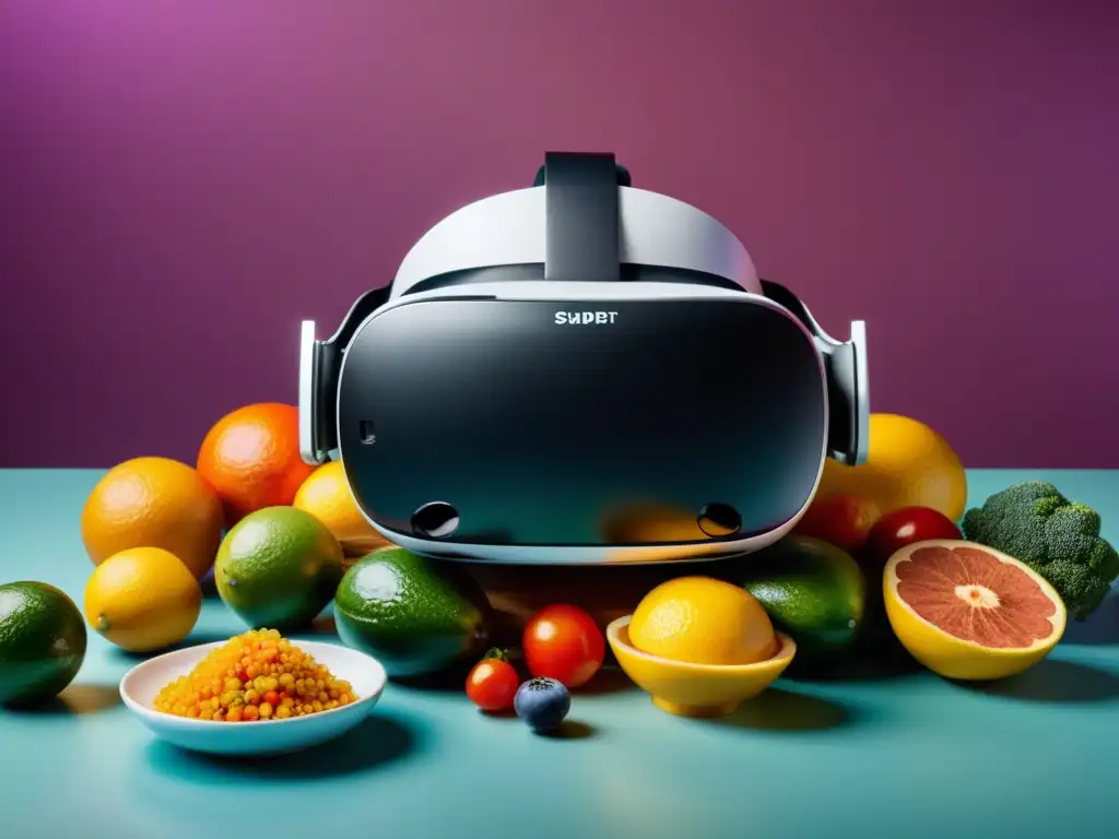 Un festín virtual sin limitaciones: un VR rodeado de platos exóticos, reflejando una experiencia gastronómica inmersiva