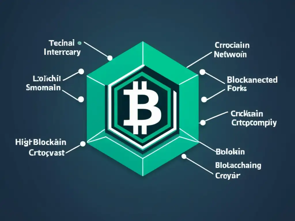 Una visión detallada de una red de blockchain con bloques interconectados, que representa la complejidad de las divisiones en la cadena de bloques