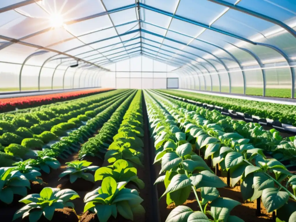 Una visión futurista de una agricultura inteligente con IA en un invernadero lleno de cultivos saludables y vibrantes, atendidos por brazos robóticos