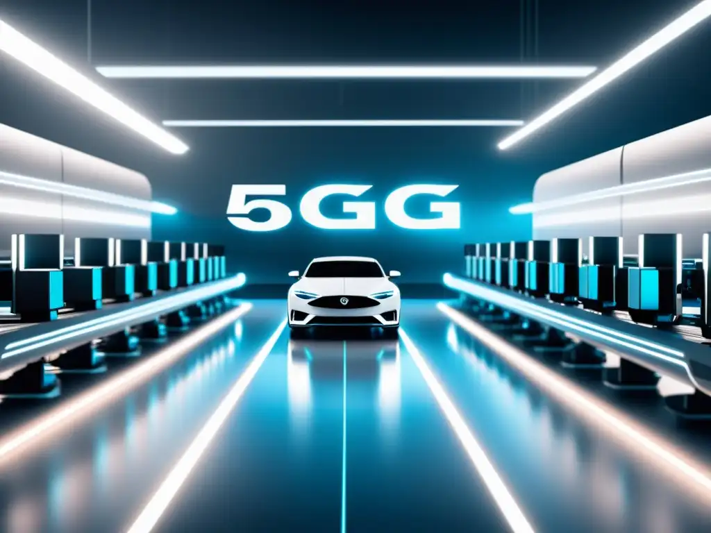 Una visión futurista de una línea de ensamblaje automotriz con símbolos de conectividad 5G integrados