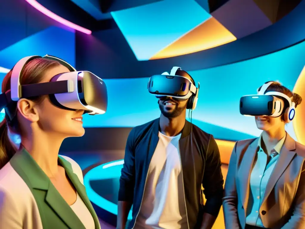 Visitantes asombrados exploran un parque temático de realidad virtual Visitantes disfrutan de la realidad virtual en un parque temático futurista, expresando asombro y emoción ante experiencias digitales innovadoras