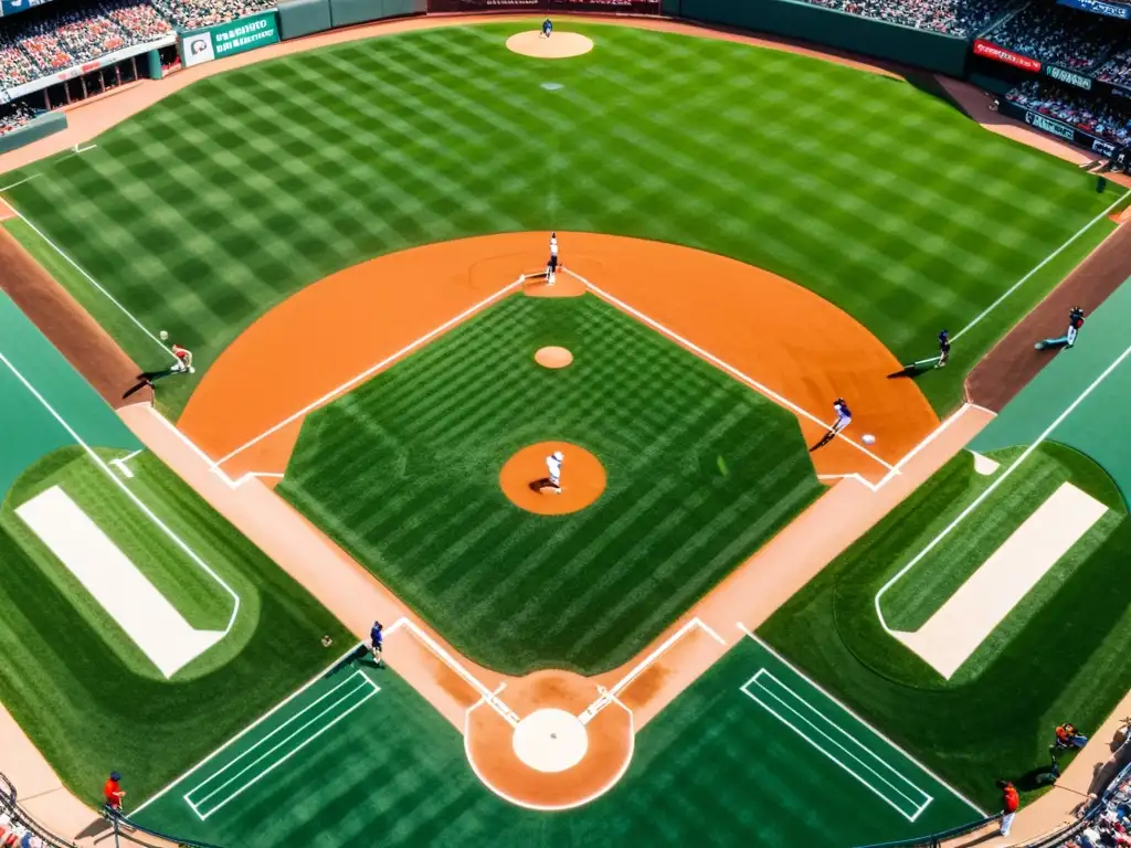 Vista aérea del campo de béisbol con jugadores en acción, destacando la integración de Aplicaciones de Big Data en Béisbol