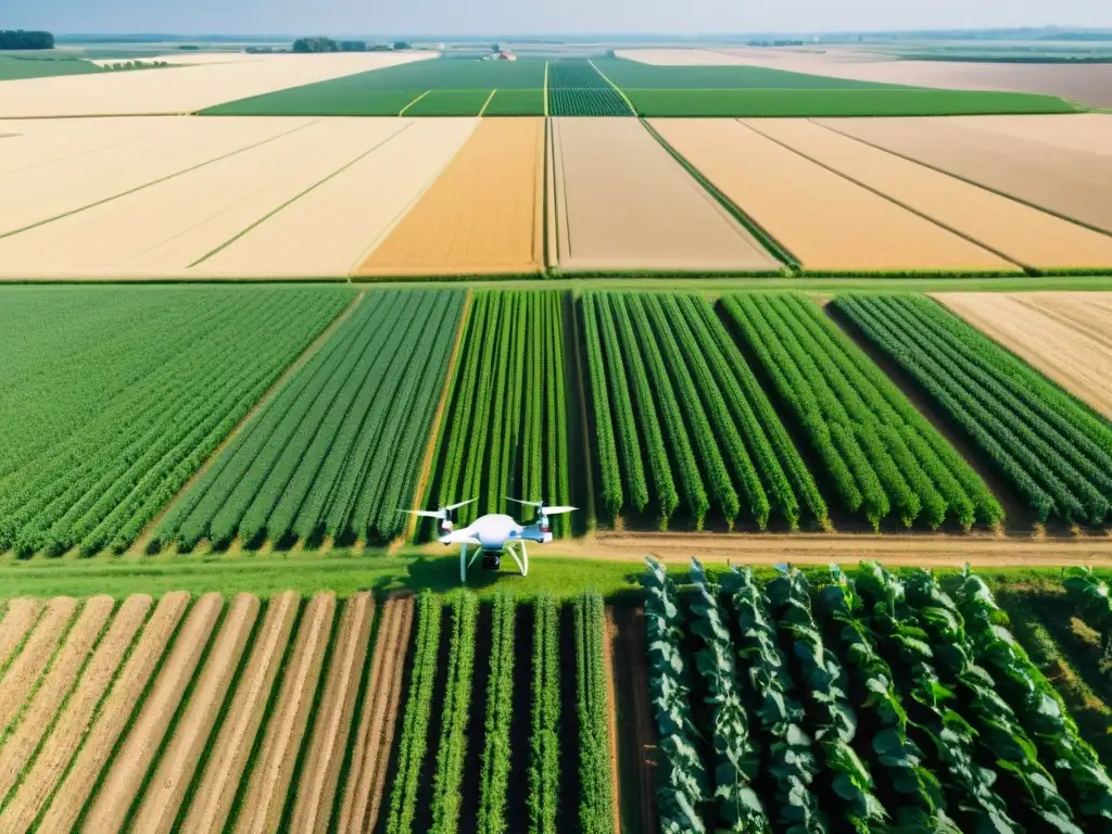 Vista aérea de un campo agrícola moderno con cultivos, drones, sensores y dispositivos 5G