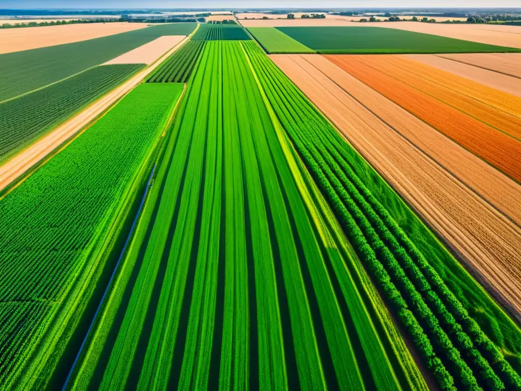 Vista aérea de campo agrícola verde con sistemas de riego y maquinaria, bañado por la cálida luz del atardecer