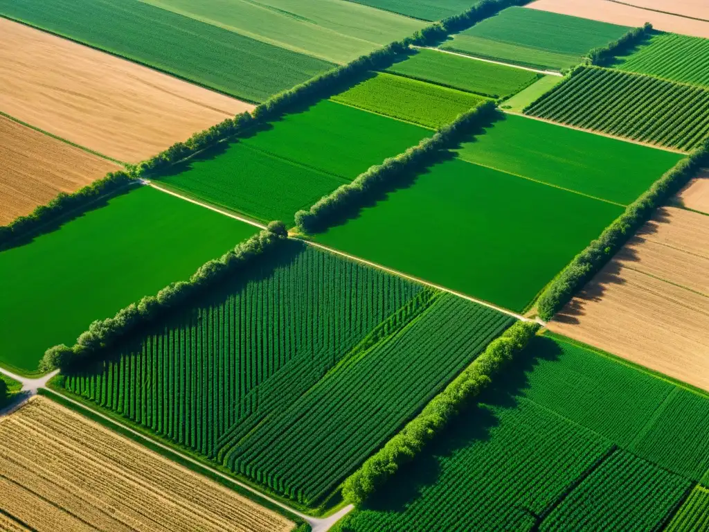 Vista aérea de campos verdes con cultivos en filas, bañados por la luz del sol