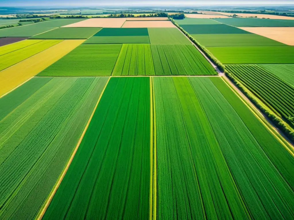 Vista aérea de campos verdes en patrones geométricos, con sombras largas y precisión, perfecta para IA para predicción agrícola