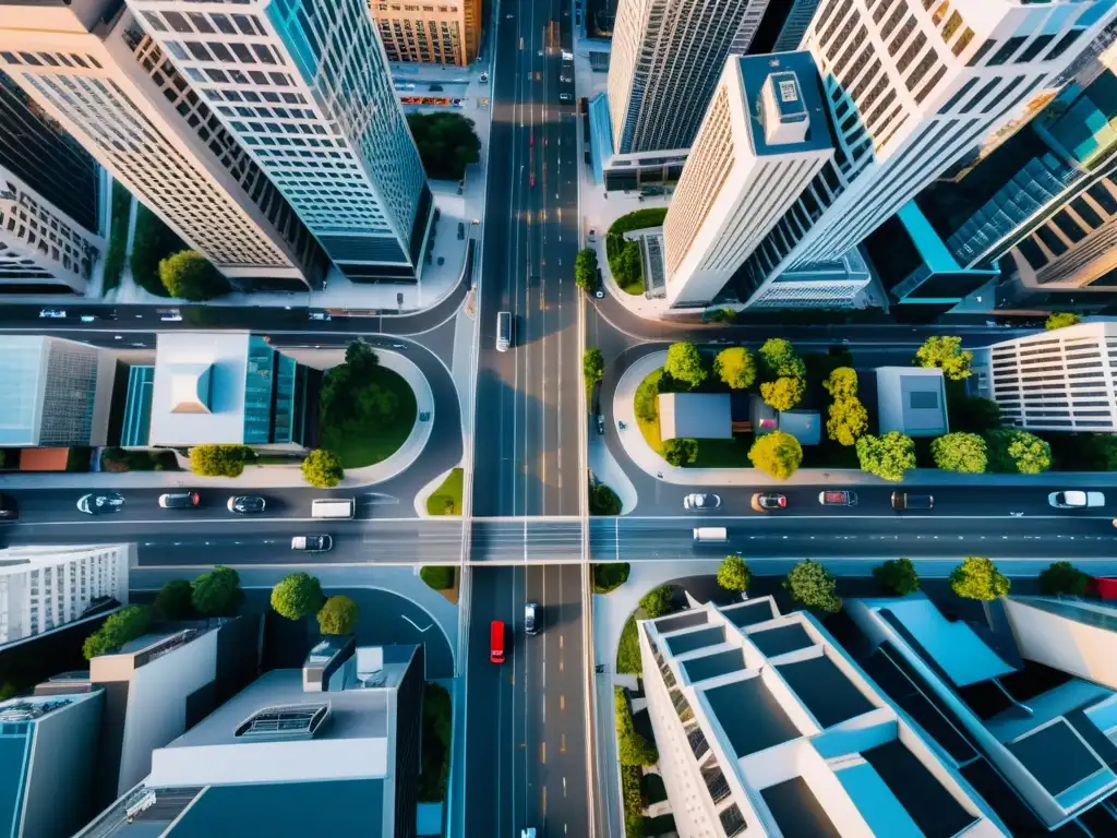 Vista aérea de una ciudad moderna, capturada por un dron, destacando estrategias de marketing con drones en un entorno urbano vibrante