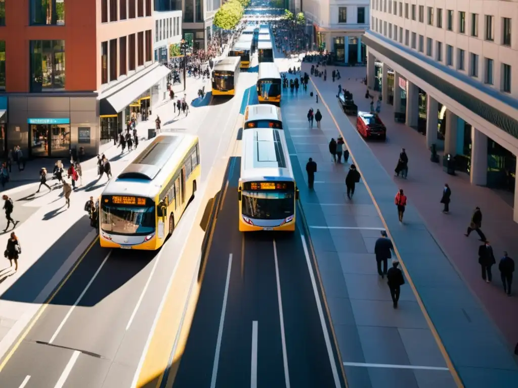 Vista aérea de una concurrida calle de la ciudad con autobuses, autos y peatones, bañada por cálida luz solar