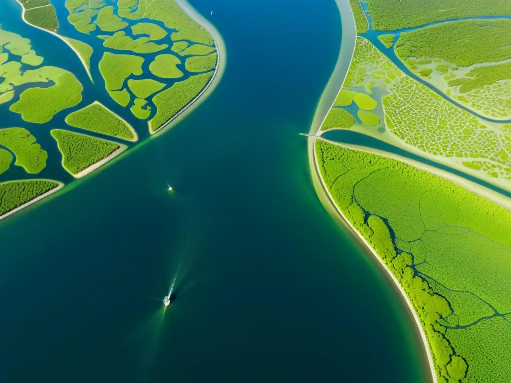 Vista aérea del delta de un río, con red de vías acuáticas, vegetación exuberante y desarrollo urbano