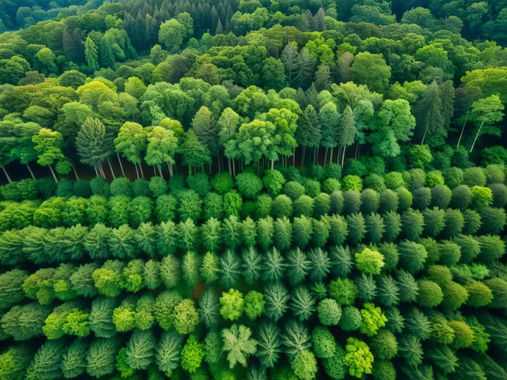 Vista aérea de un exuberante bosque con un patrón simétrico de altos árboles