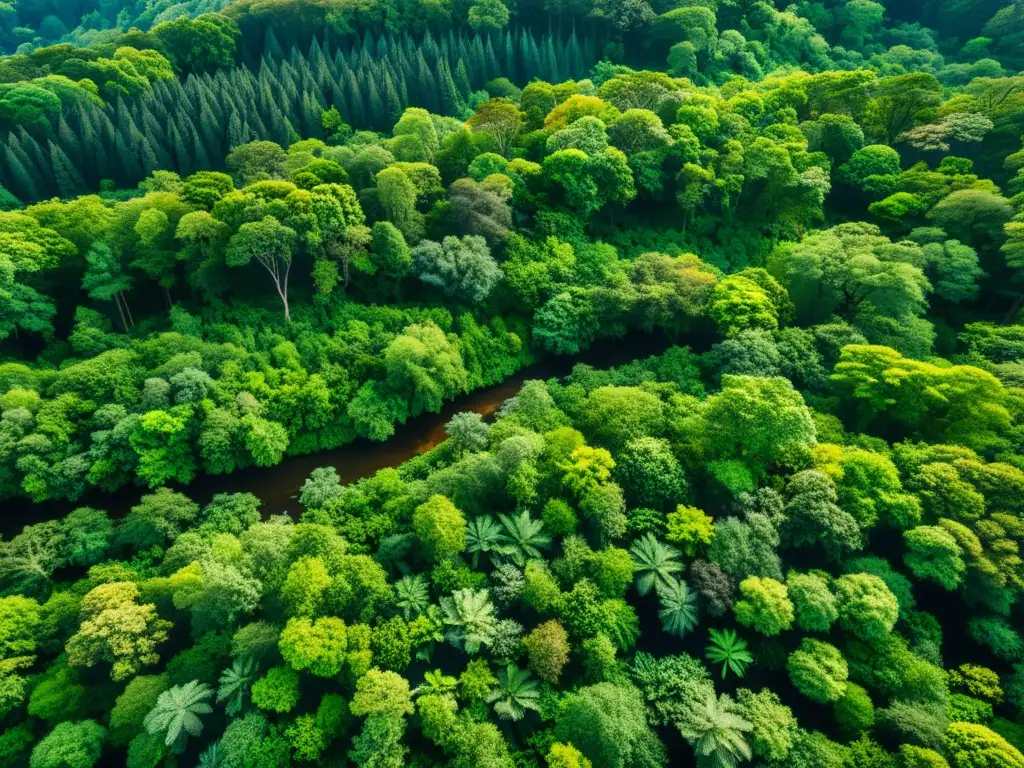 Vista aérea de un exuberante bosque con biodiversidad, filtrando la luz del sol