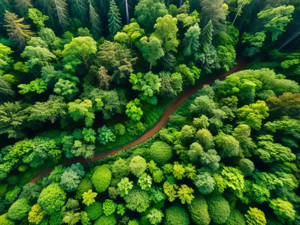 Vista aérea de un exuberante bosque con luz solar filtrándose entre las copas de los árboles