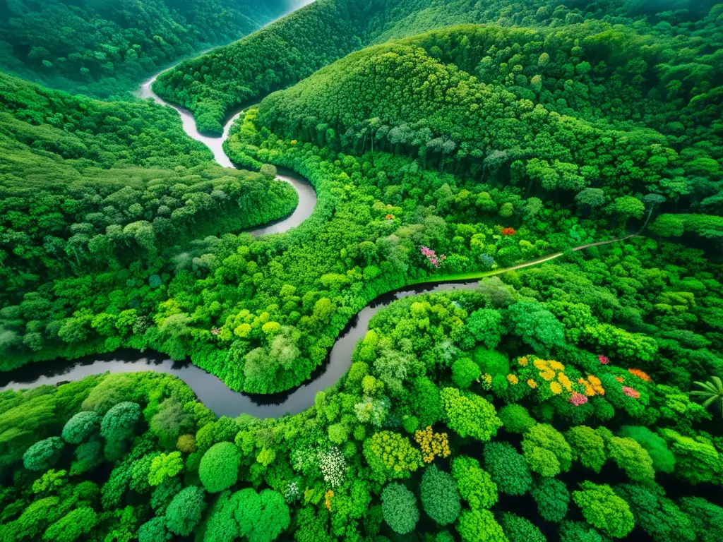 Vista aérea de exuberante selva biodiversa con ríos serpenteantes