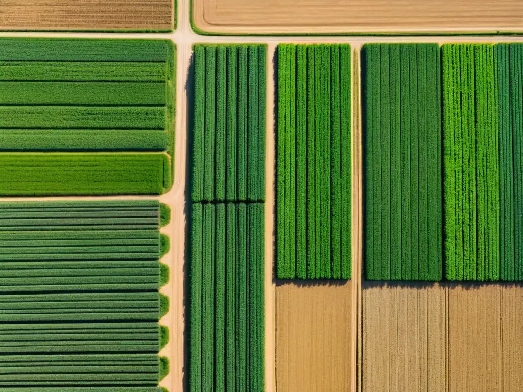 Vista aérea de una finca de agricultura de precisión, mostrando patrones de cultivos, sistemas de riego y variaciones de suelo