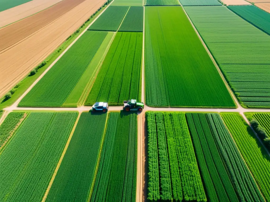 Vista aérea de una granja moderna con campos verdes y maquinaria agrícola avanzada, mostrando el impacto tecnológico 5G en agricultura