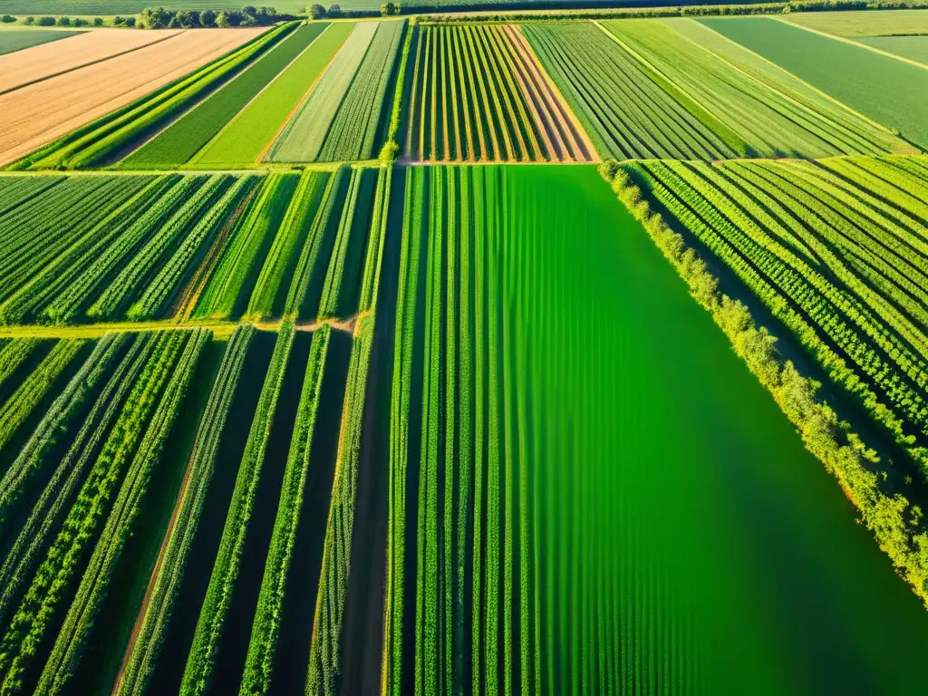 Vista aérea impresionante de campos verdes con cultivos alineados perfectamente, iluminados por el sol