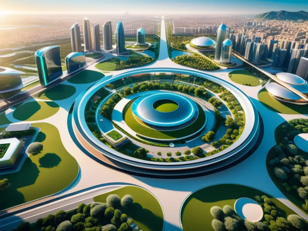 Una vista aérea impresionante de una ciudad inteligente futurista con arquitectura minimalista y avanzada infraestructura 5G