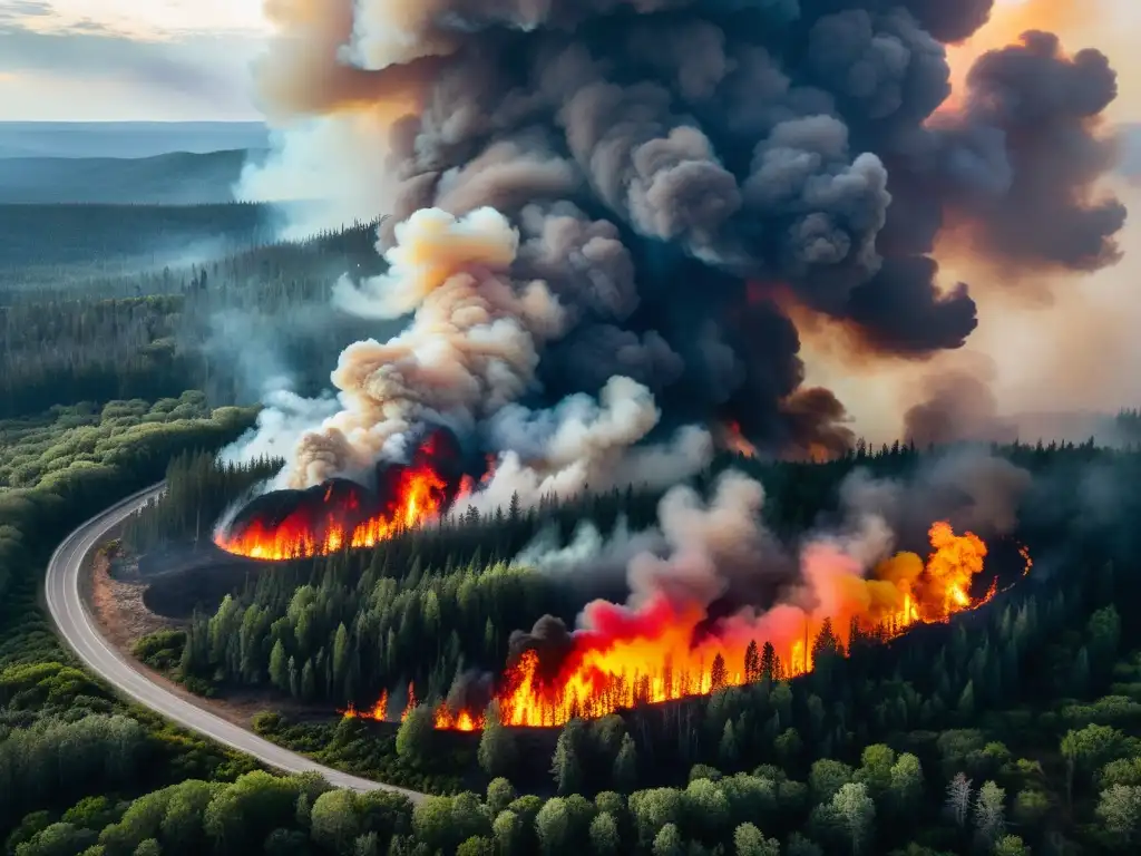 Vista aérea de incendio forestal con llamas intensas, humo denso y vegetación ardiente