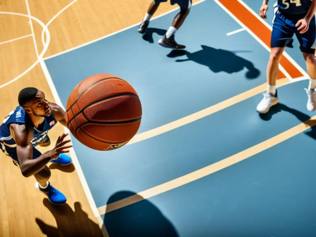 Vista aérea de la intensa acción en una cancha de baloncesto, resaltando la precisión y estrategia en el juego