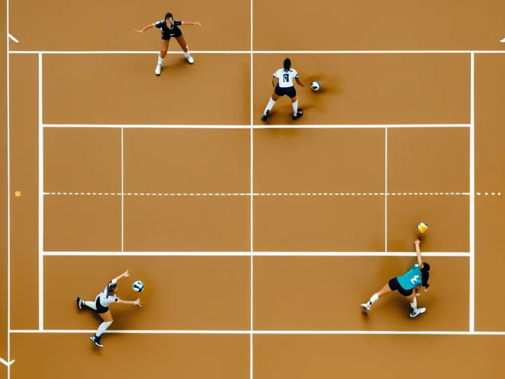 Vista aérea de pista de voleibol con jugadores estratégicos, capturando la esencia del Big Data en estrategia de voleibol